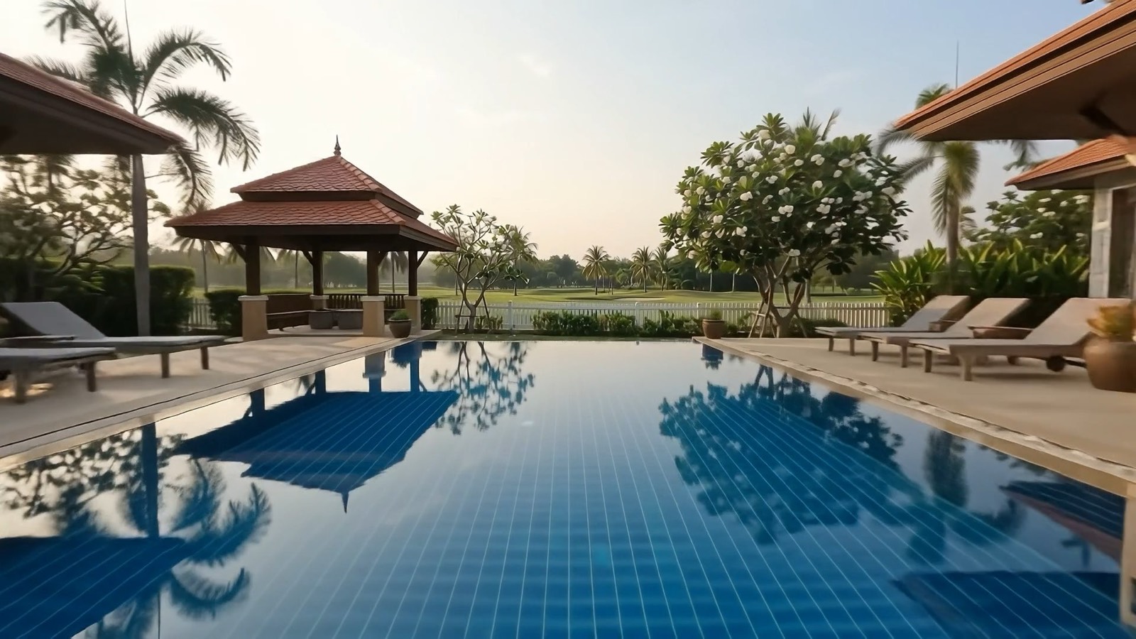 Villa pool overlooking the golf course at golden hour